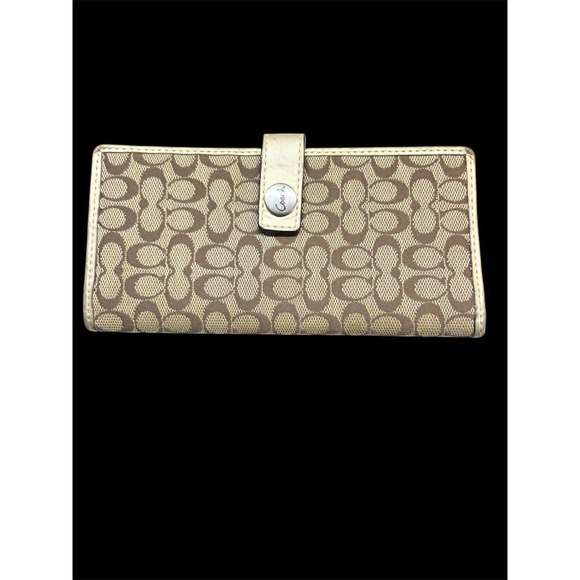 Coach Handbags - Coach Signature Jacquard Slim Checkbook Wallet Metallic Champagne Leather Trim